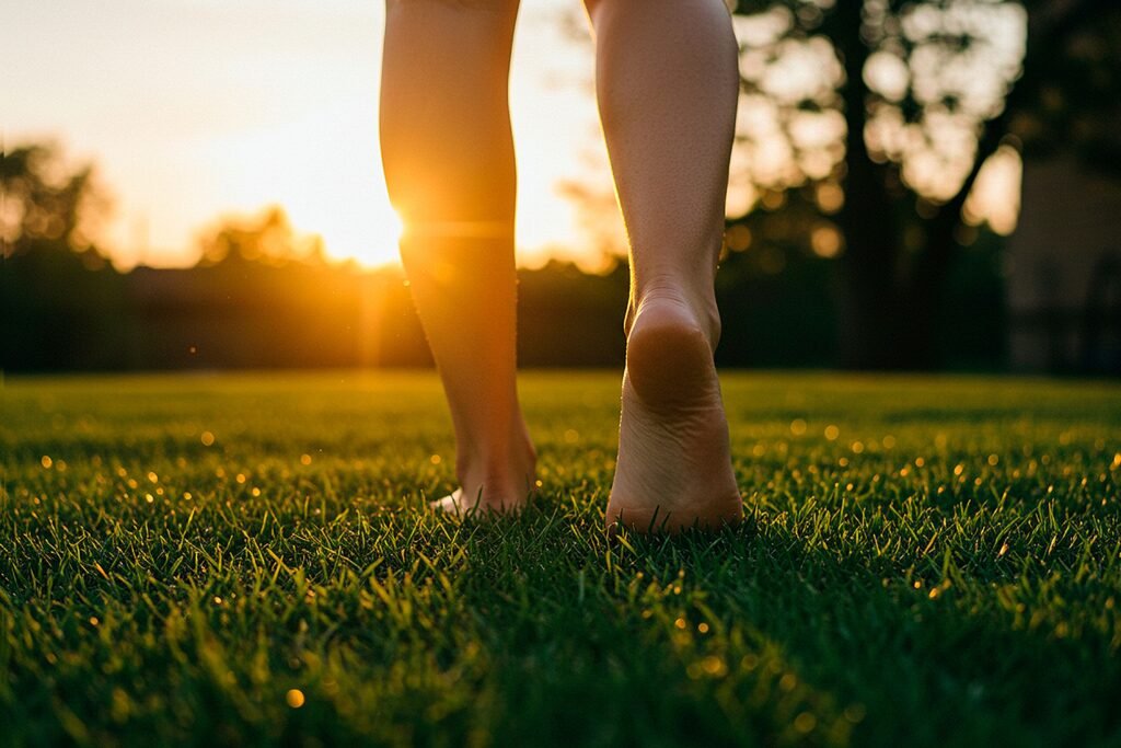 Pessoa andando em grama baixo.