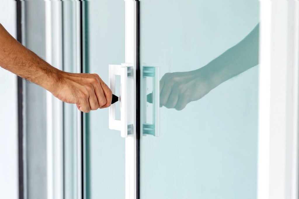 Pessoa abrindo uma porta de vidro.