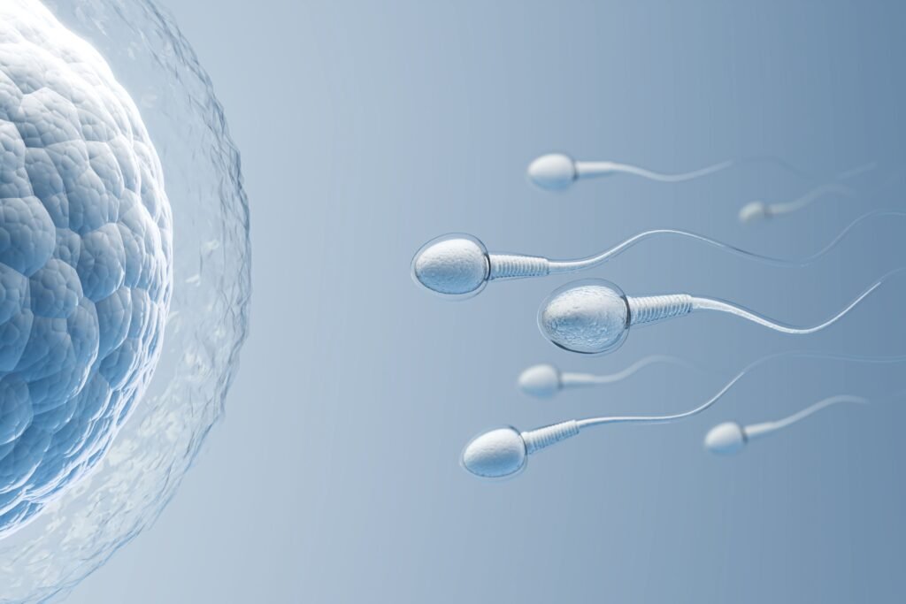 Ilustração de espermatozóides e óvulo.