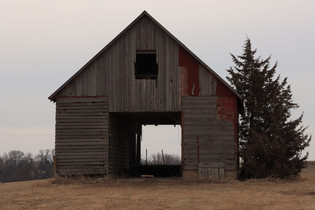 Galpão de madeira visto de fora. 