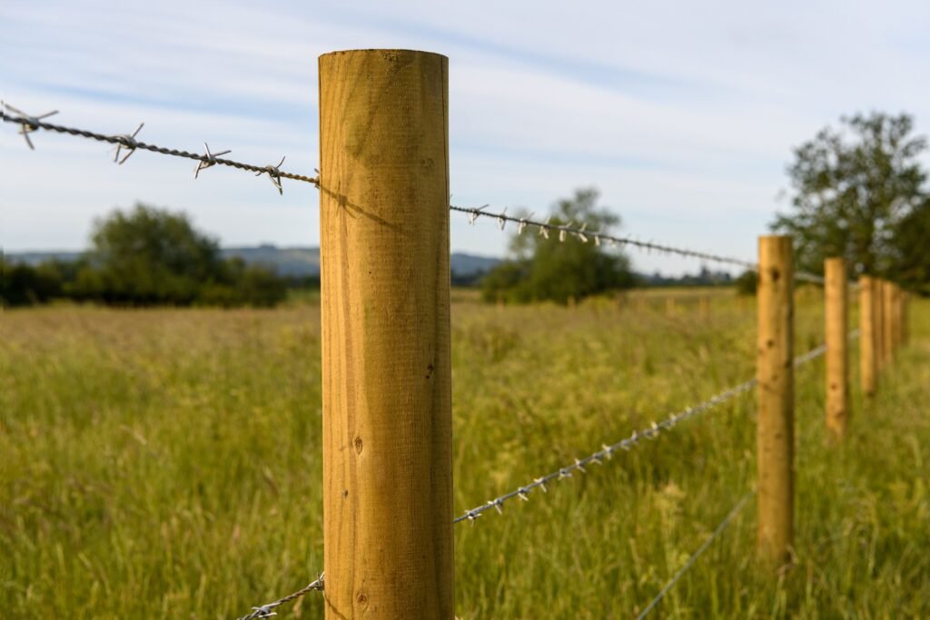 Arame farpado em uma região rural.