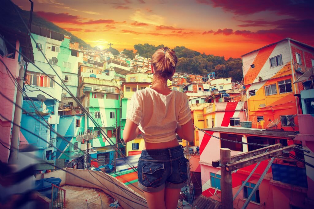 Mulher observando a favela. 