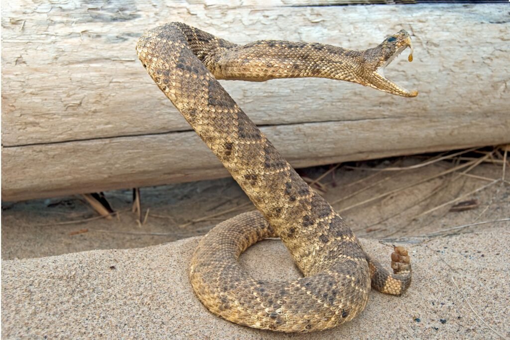 Cobra cascavel próxima a um tronco de árvore.