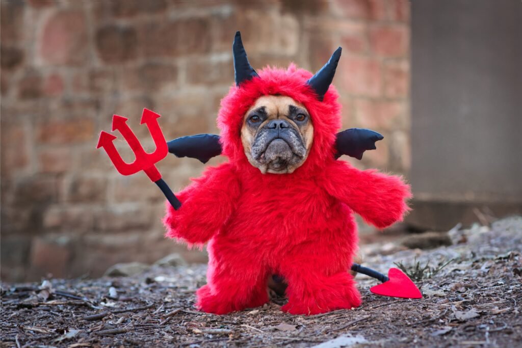 Pug com uma roupa de diabo.