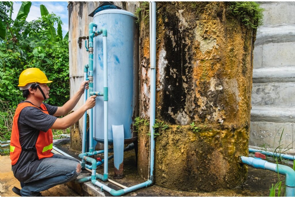Homem consertando uma caixa d'água. 