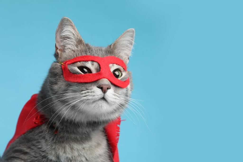 Gato com roupa de super-herói.